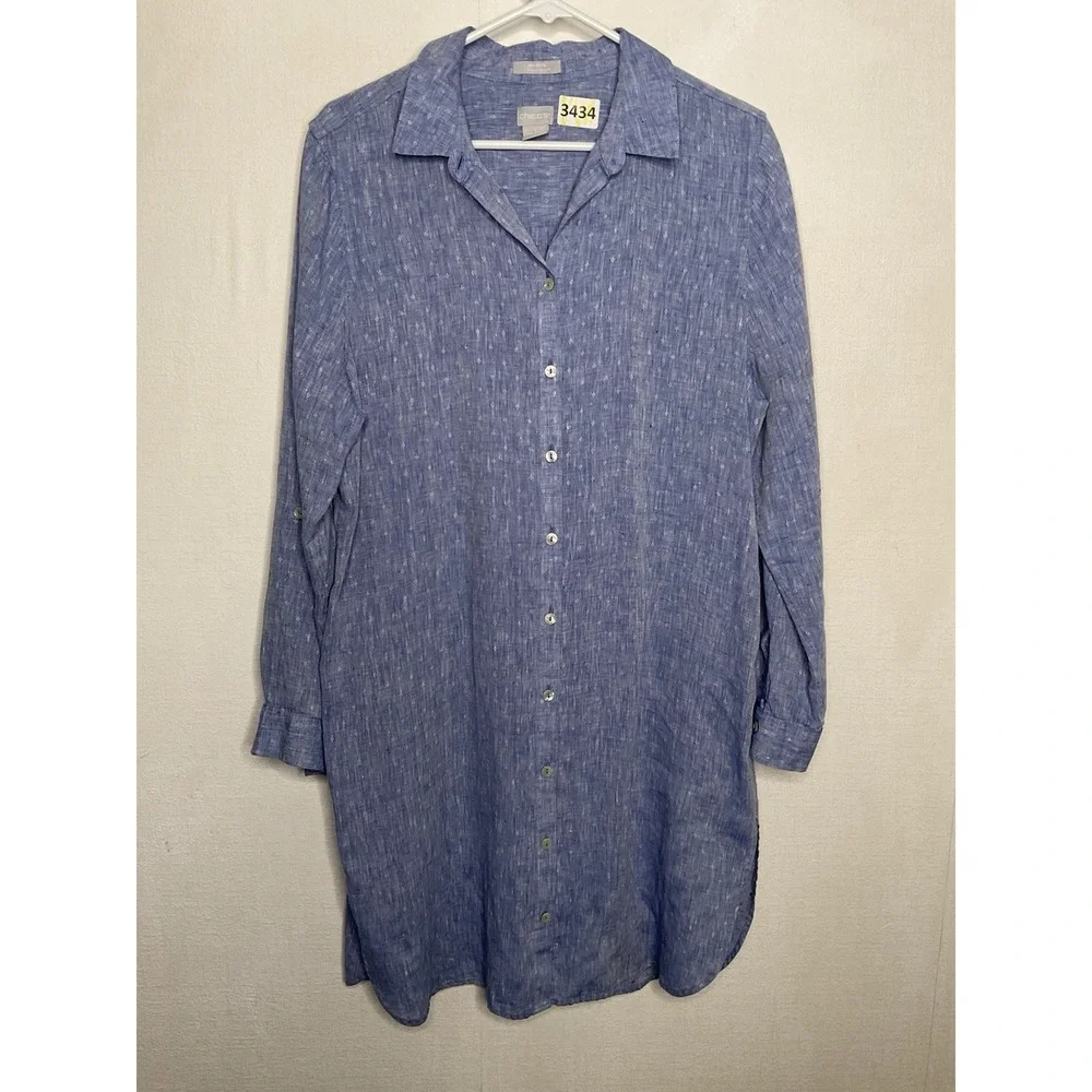 CHICO'S Button Front Womens 2/L Linen No-Iron High Low Shirttail-Hem Long Tunic
